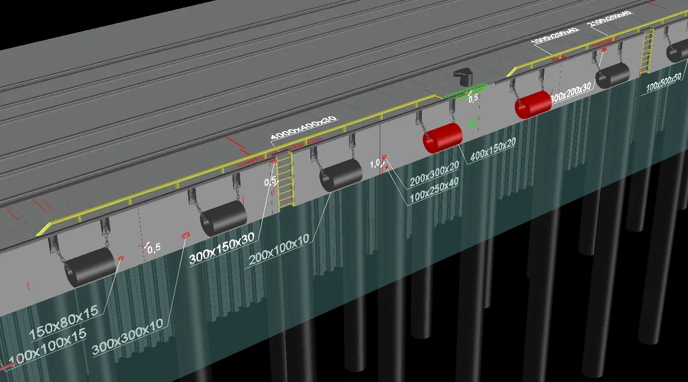 Pier protective structures with element sizes, 3D model.