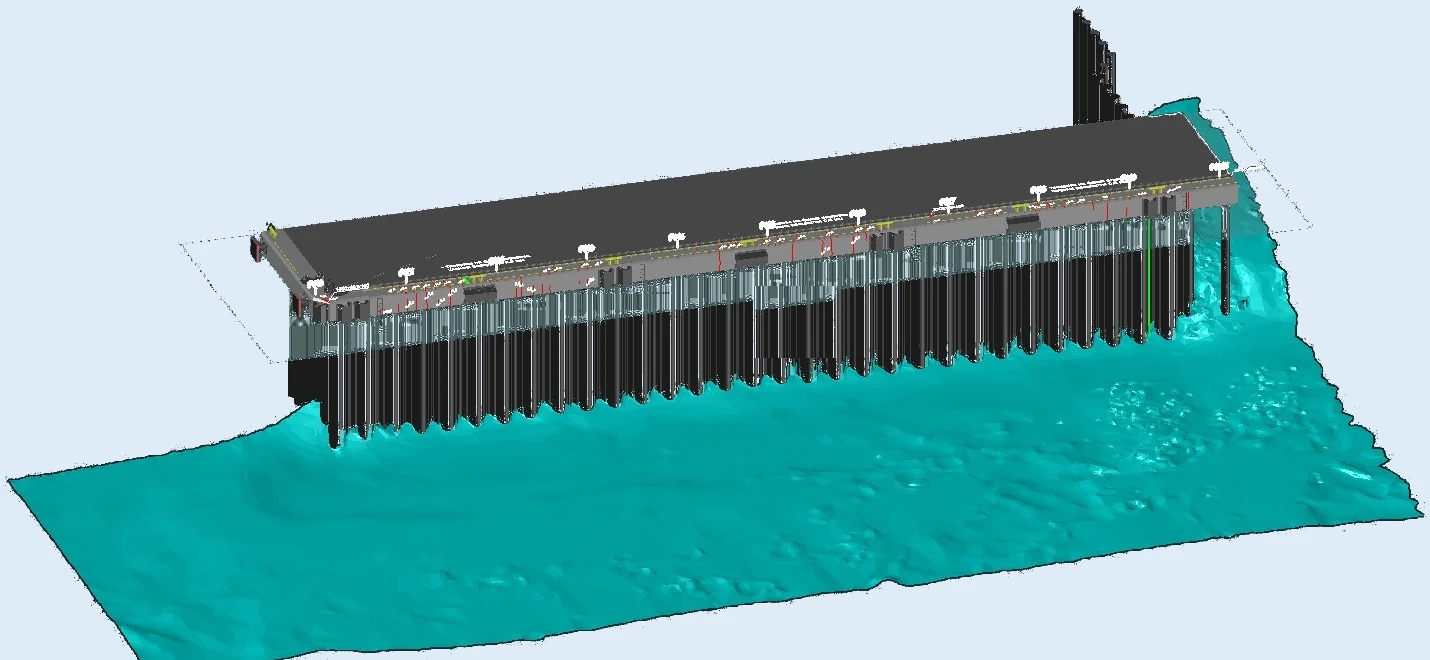 Seabed model with the CAD model of a sheet-pile quay.